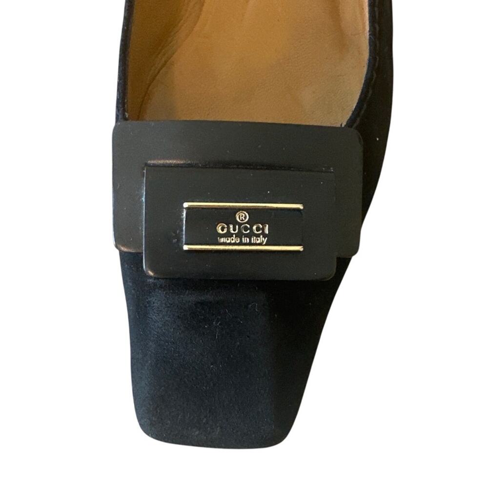 Vintage Gucci Black Suede Square‎ Toe Kitten Heels Logo 36 - Picture 15 of 16